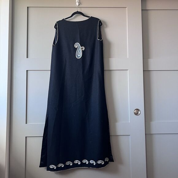 VTG Wool Long Black Coat Vest Jacket Women Small/Med Embroidered Paisley Floral - Picture 2 of 13